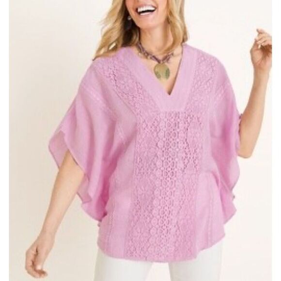 Chico’s size S/M linen blend dolman sleeve lace boho dusty rose top - Picture 1 of 7
